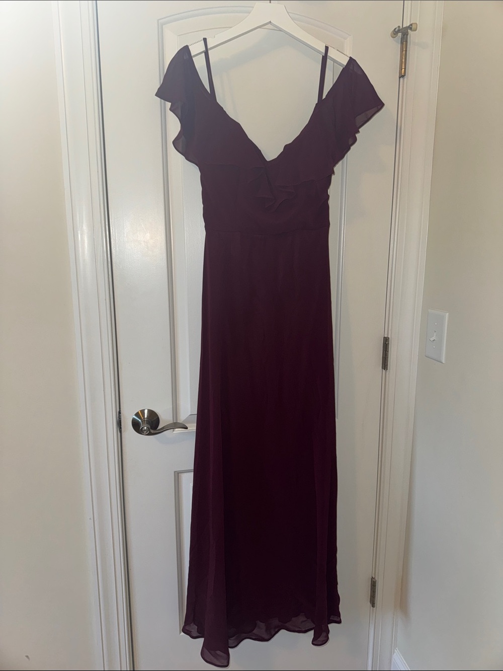 Off-Shoulder Ruffle Maxi Dress in Deep Plum